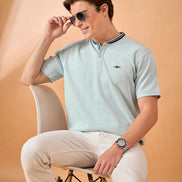 Men Sky Blue Striped Regular Fit T-Shirt