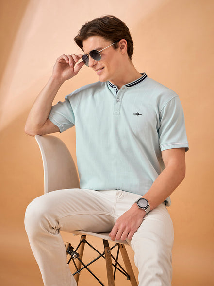 Men Sky Blue Striped Regular Fit T-Shirt
