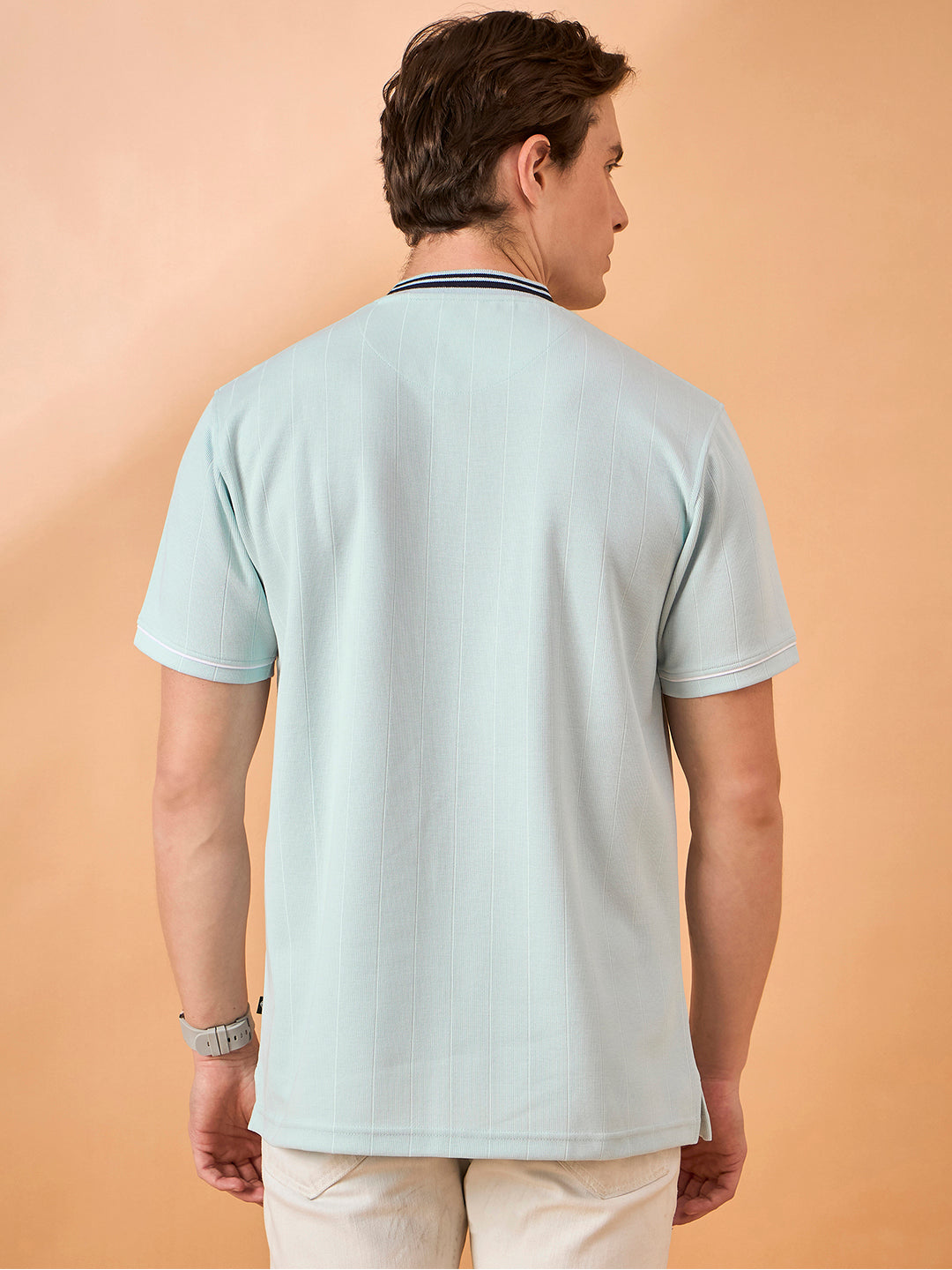 Men Sky Blue Striped Regular Fit T-Shirt