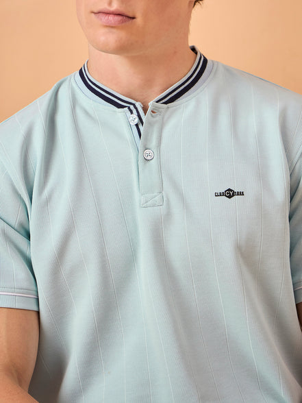Men Sky Blue Striped Regular Fit T-Shirt