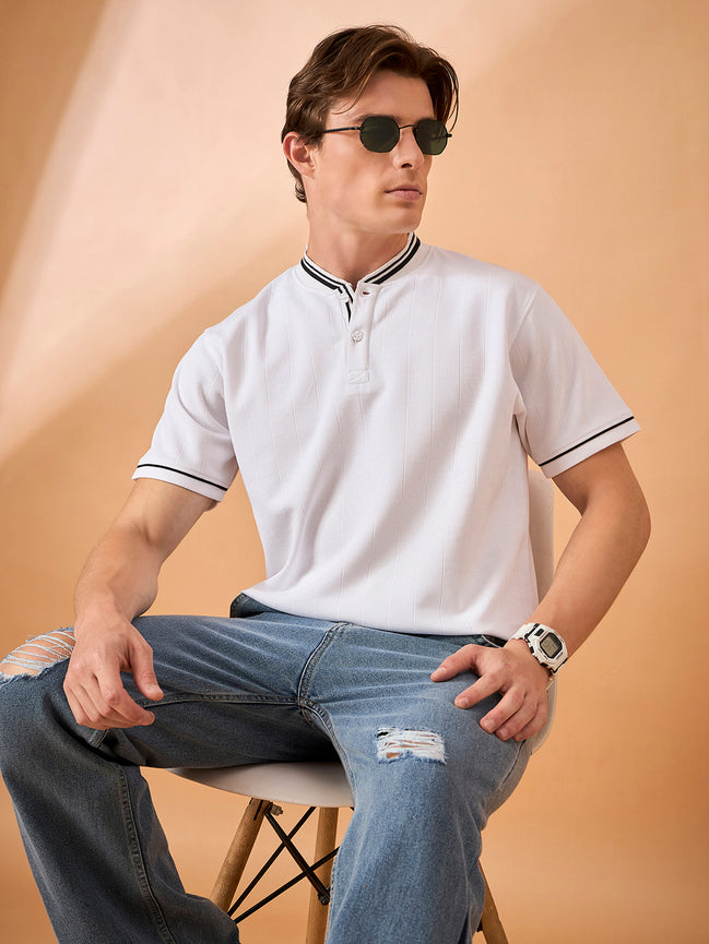 Men Off White Striped Regular Fit T-Shirt