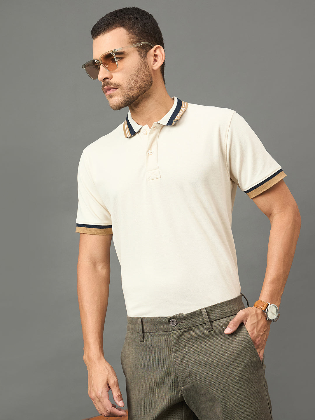 Club York Men Off White Polo neck T-Shirt