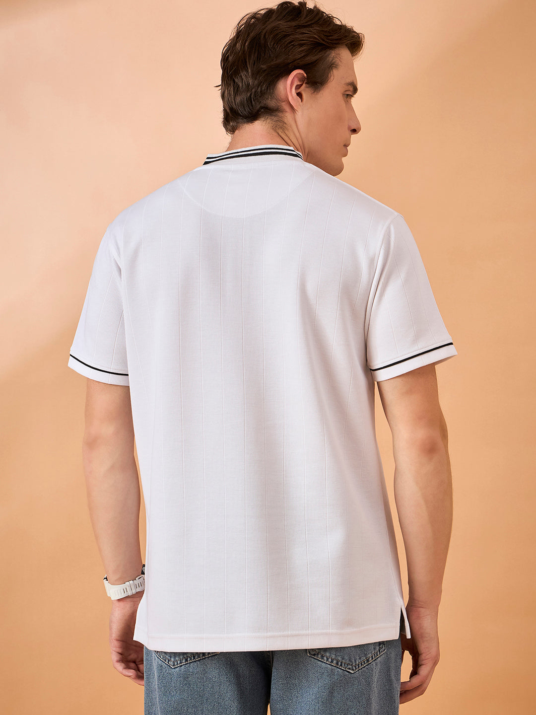 Men Off White Striped Regular Fit T-Shirt
