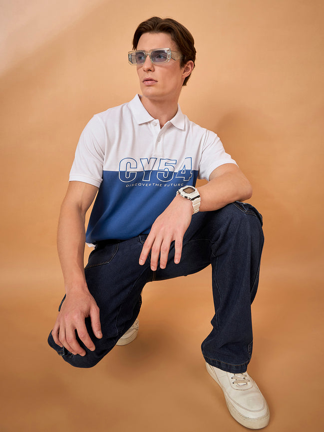 Men White Teal Print Regular Fit T-Shirt
