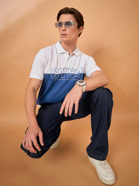 Men White Teal Print Regular Fit T-Shirt