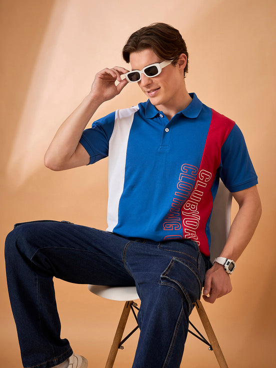 Men Blue Coloblock Regular Fit T-Shirt