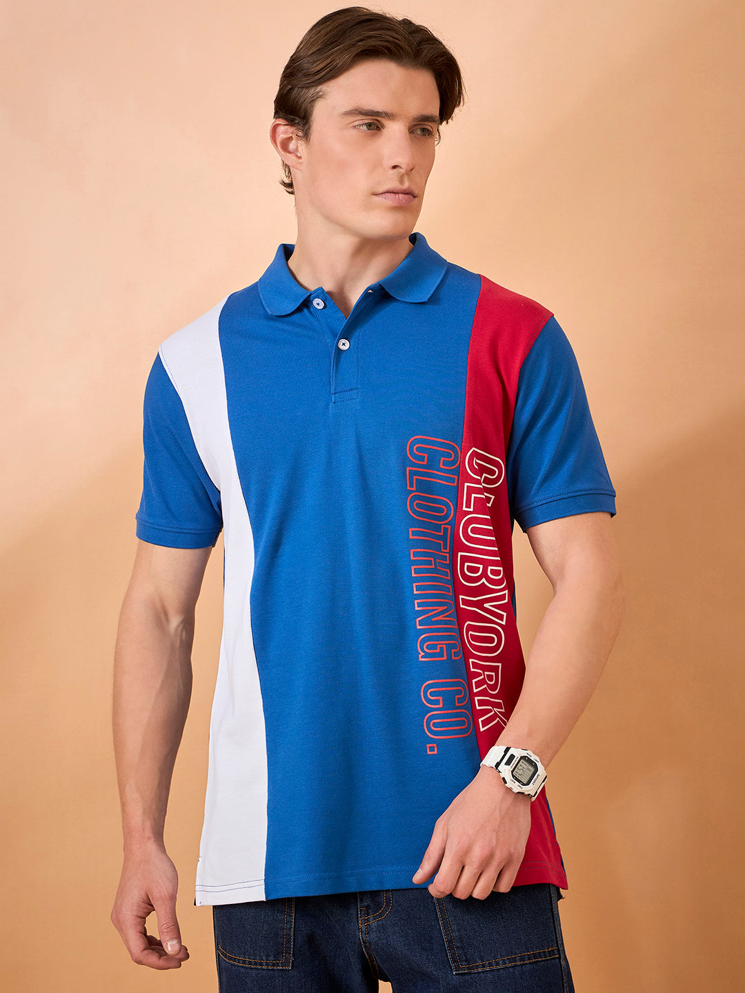 Men Blue Coloblock Regular Fit T-Shirt