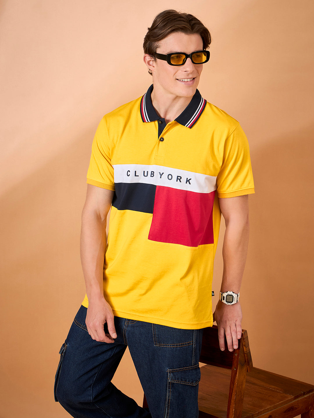 Men Yellow Coloblock Regular Fit T-Shirt