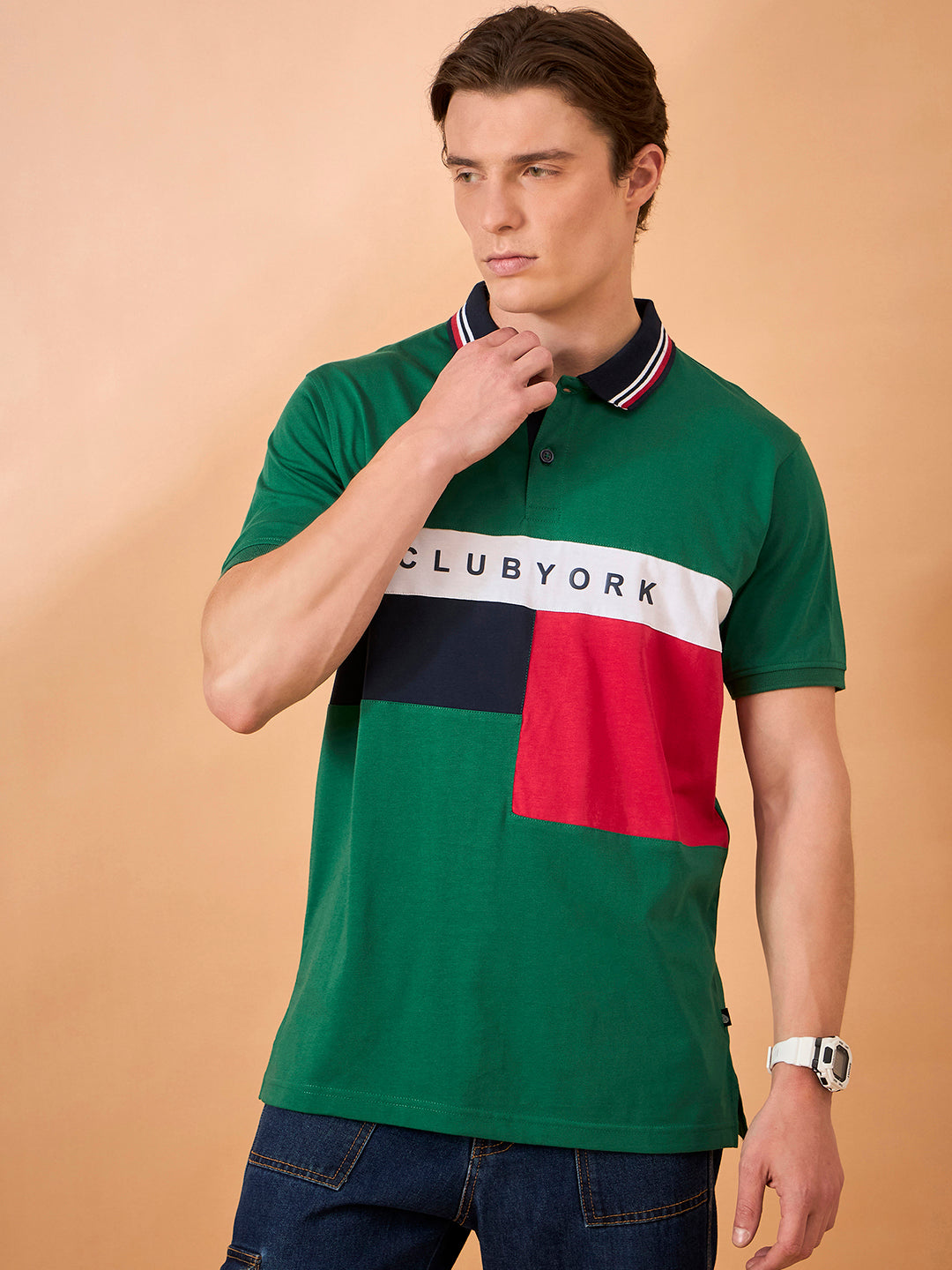 Men Green Coloblock Regular Fit T-Shirt