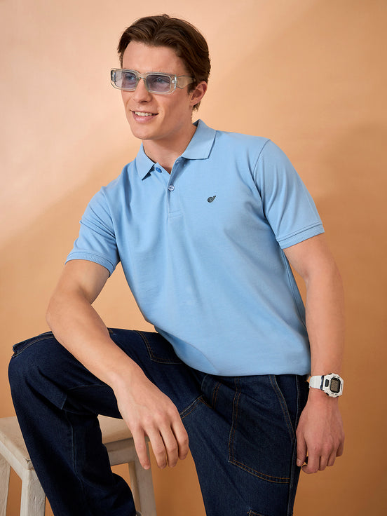 Men Light Blue Solid Regular Fit T-Shirt