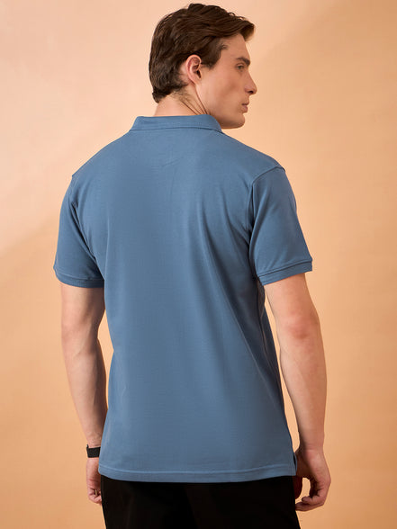 Men Mid Blue Solid Regular Fit T-Shirt