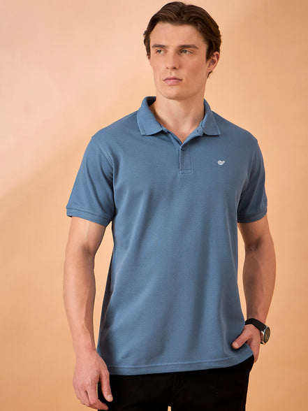 Men Mid Blue Solid Regular Fit T-Shirt