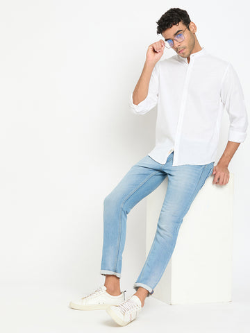 White Solid Mandarin Collar Shirt