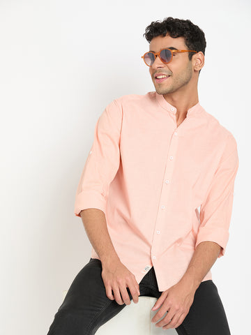 Peach Solid Mandarin Collar Shirt