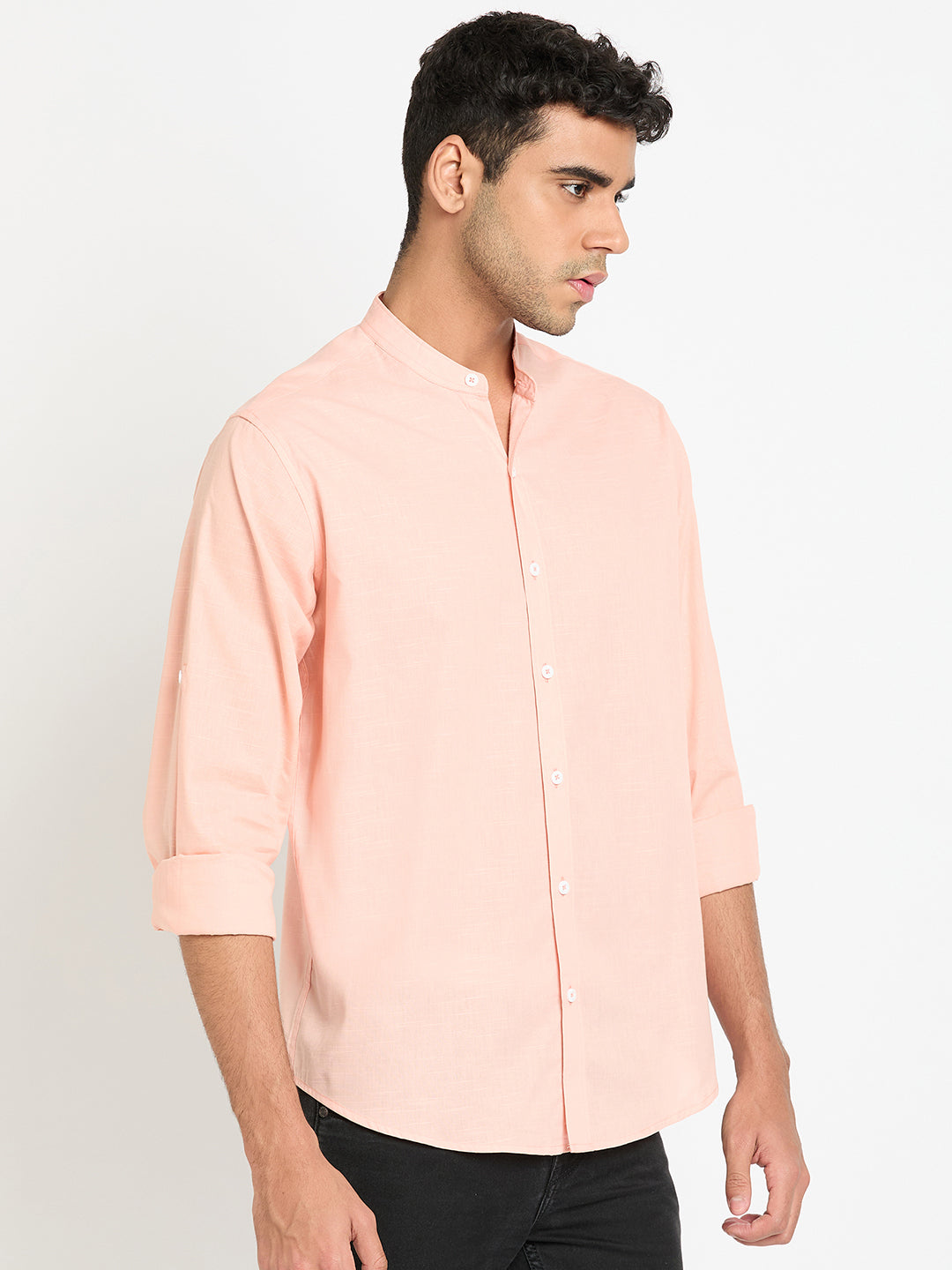 Peach Solid Mandarin Collar Shirt