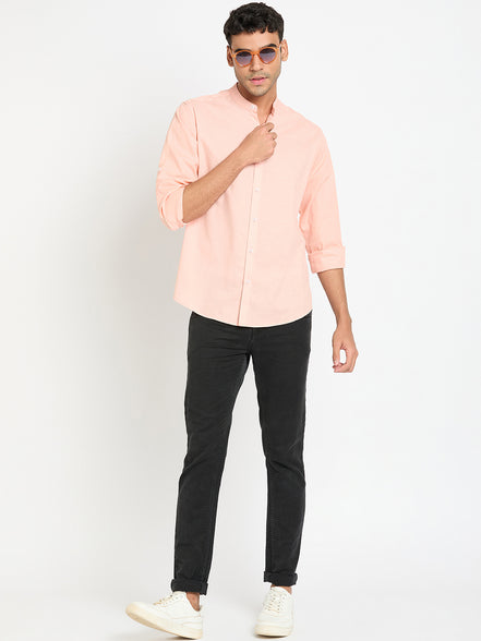 Peach Solid Mandarin Collar Shirt