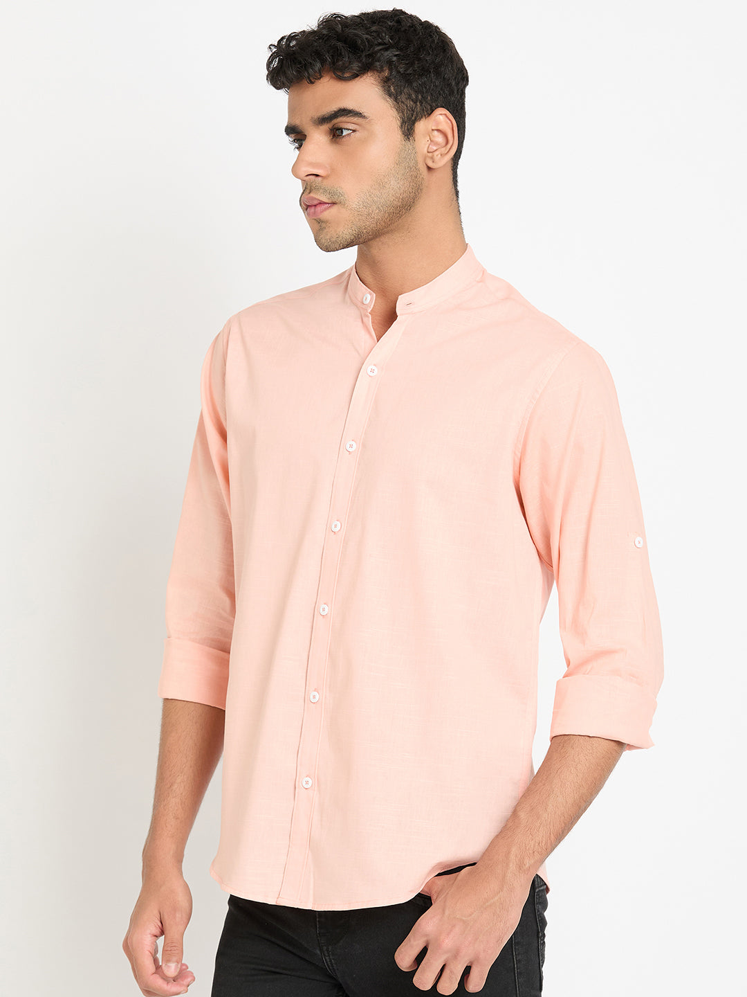 Peach Solid Mandarin Collar Shirt