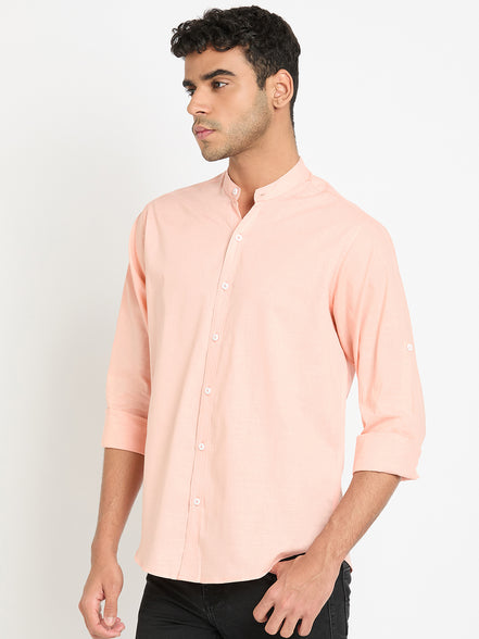 Peach Solid Mandarin Collar Shirt