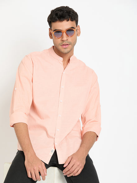 Peach Solid Mandarin Collar Shirt