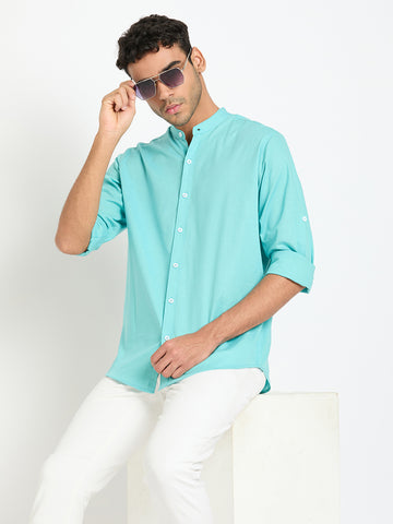 Sky Solid Mandarin Collar Shirt