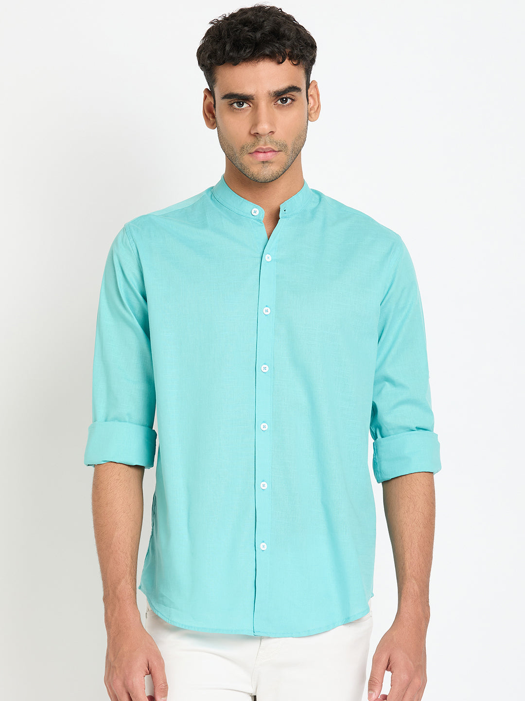 Sky Solid Mandarin Collar Shirt