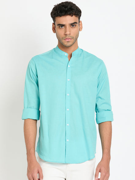 Sky Solid Mandarin Collar Shirt