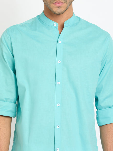 Sky Solid Mandarin Collar Shirt