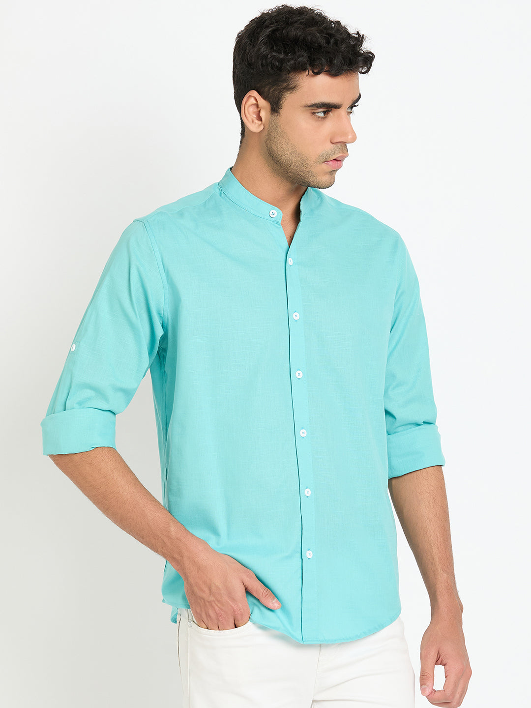 Sky Solid Mandarin Collar Shirt