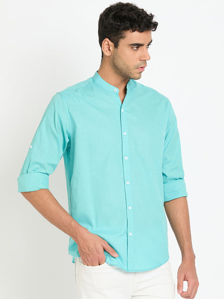 Sky Solid Mandarin Collar Shirt