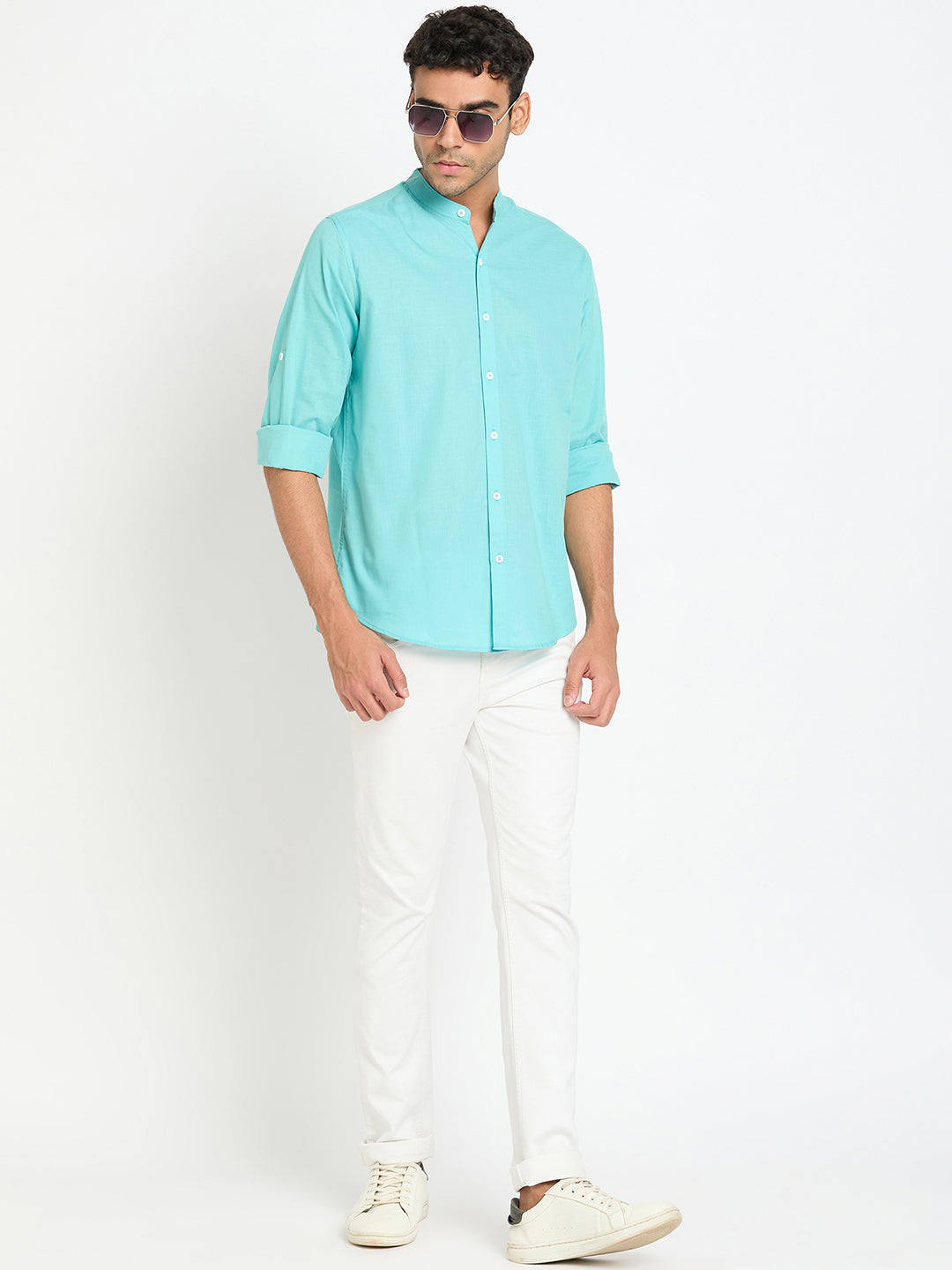 Sky Solid Mandarin Collar Shirt