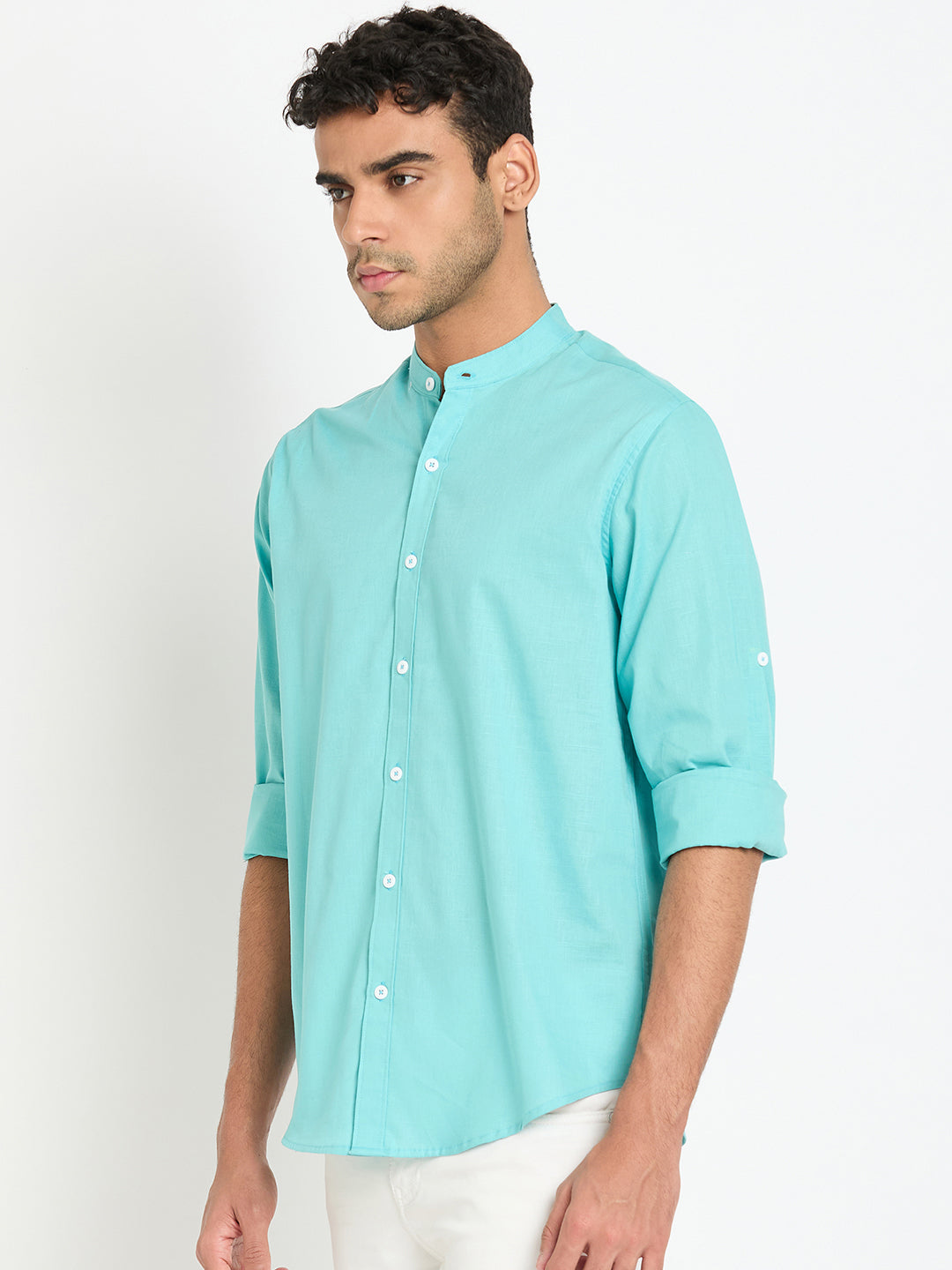 Sky Solid Mandarin Collar Shirt