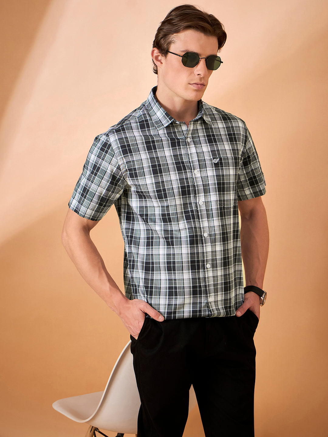 Men Grey Check Slim Fit Shirt