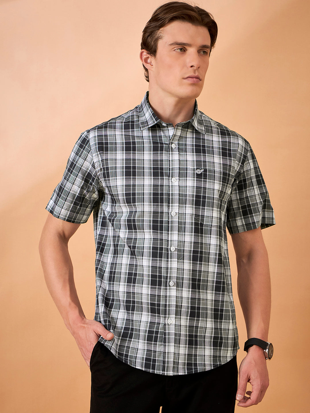 Men Grey Check Slim Fit Shirt