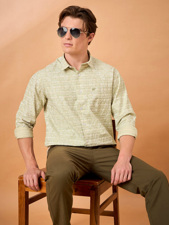 Men Light Green Print Slim Fit Shirt
