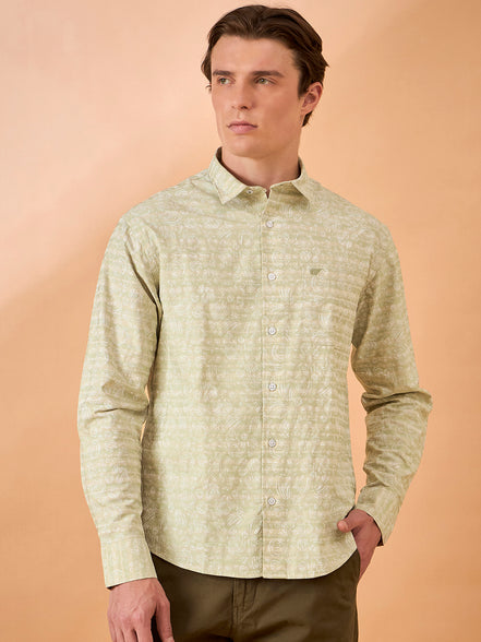 Men Light Green Print Slim Fit Shirt