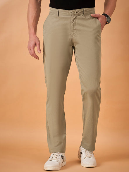 Men Light Khaki Solid Regular Fit Trouser