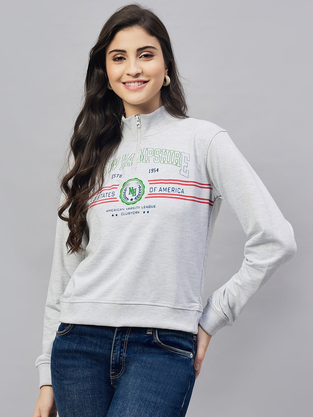 Light Grey Full Sleeve Printed High Neck Sweatshirt