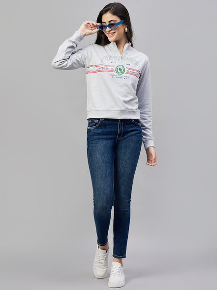 Light Grey Full Sleeve Printed High Neck Sweatshirt