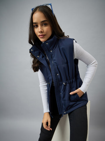 Blue Sleeveless Solid Jacket