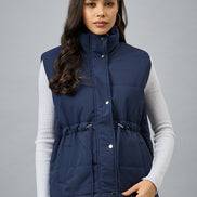 Blue Sleeveless Solid Jacket