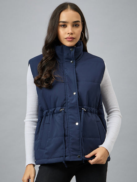 Blue Sleeveless Solid Jacket