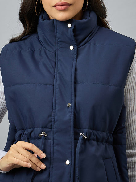 Blue Sleeveless Solid Jacket