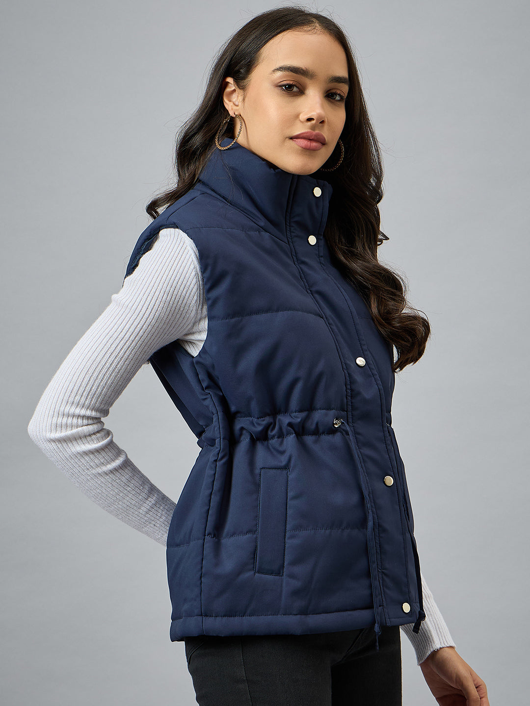 Blue Sleeveless Solid Jacket