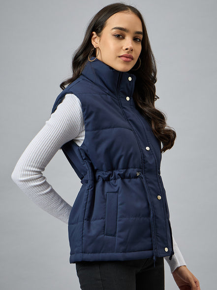 Blue Sleeveless Solid Jacket