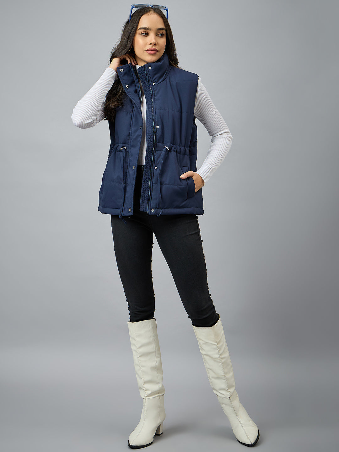 Blue Sleeveless Solid Jacket