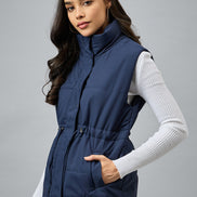 Blue Sleeveless Solid Jacket