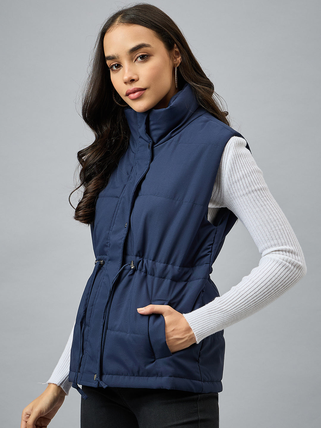 Blue Sleeveless Solid Jacket