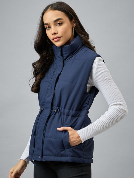 Blue Sleeveless Solid Jacket