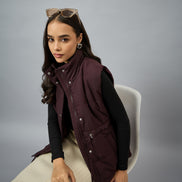 Wine Sleeveless Solid Jacket