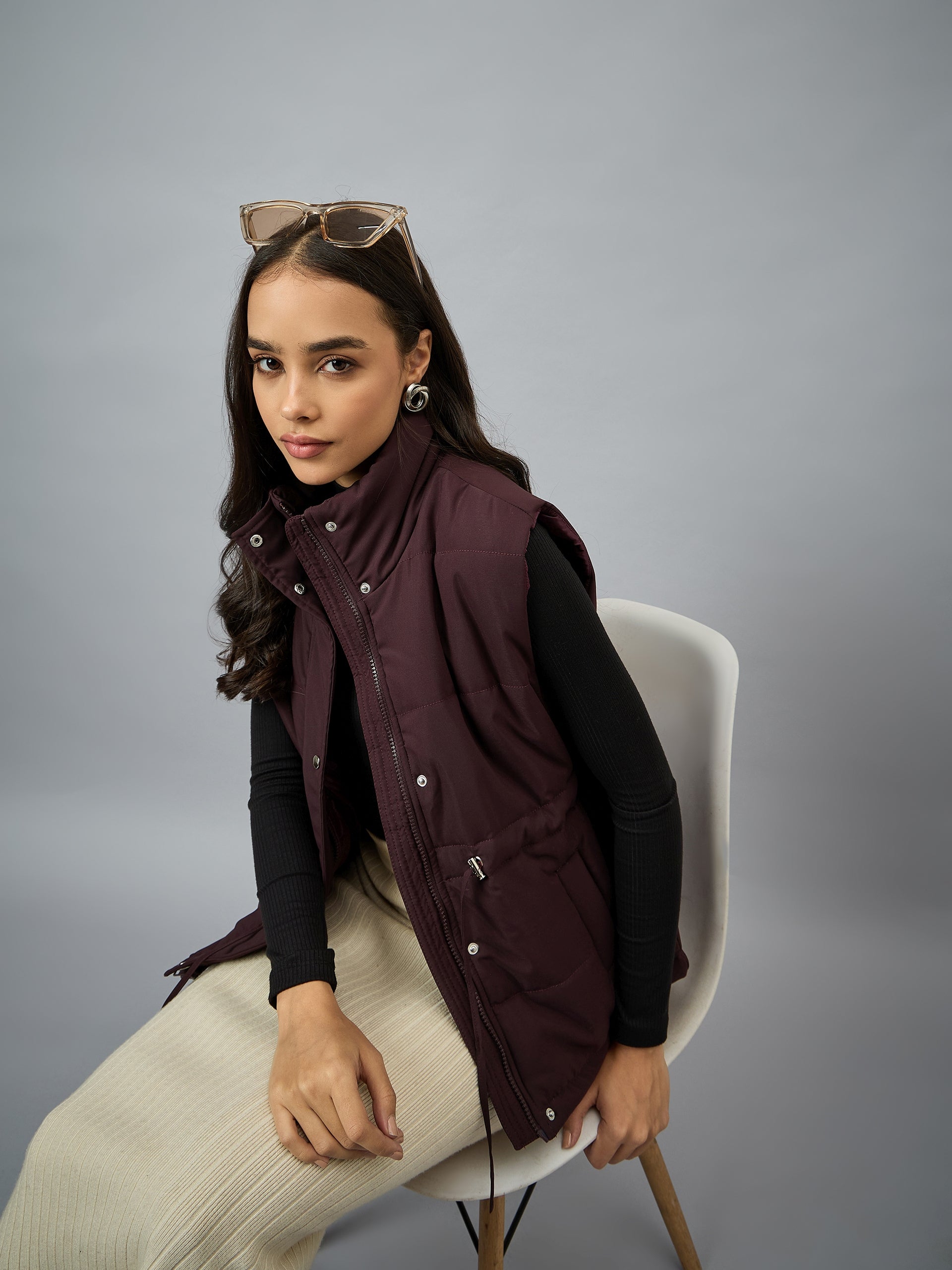Wine Sleeveless Solid Jacket